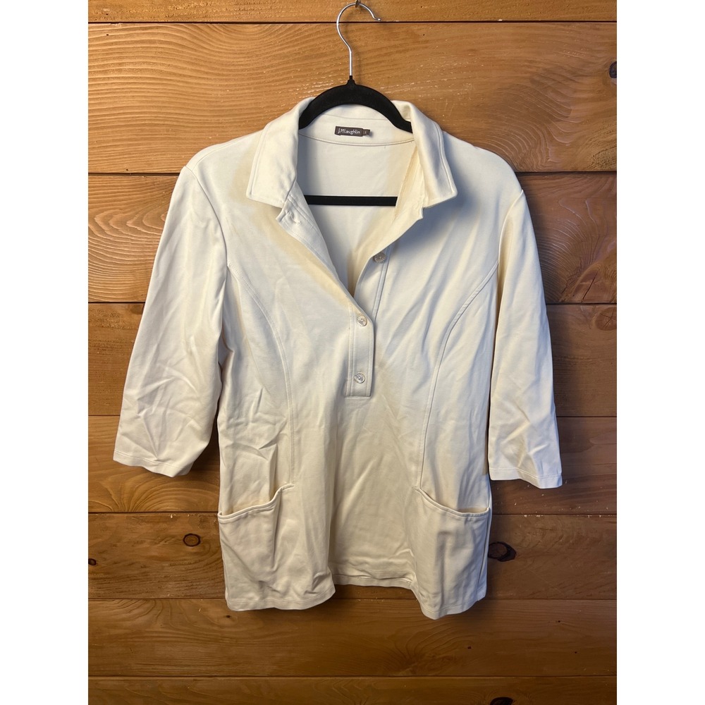 J.McLaughlin Women's Tunic Top Beige Collared Button Up 3/4 Sleeve Lg Chic Comfy